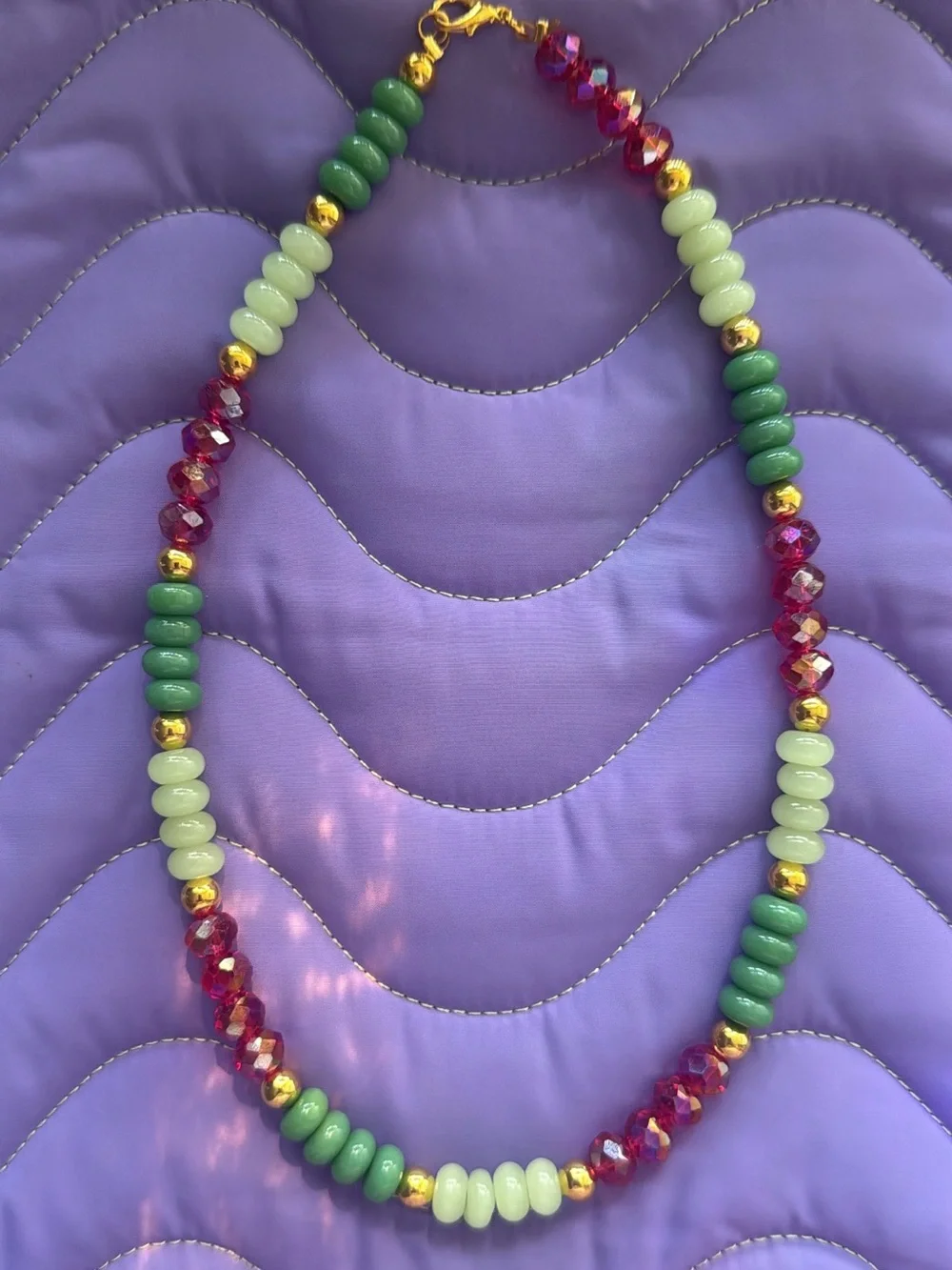 Green and Fuchsia Beaded Necklace with Gold Accents